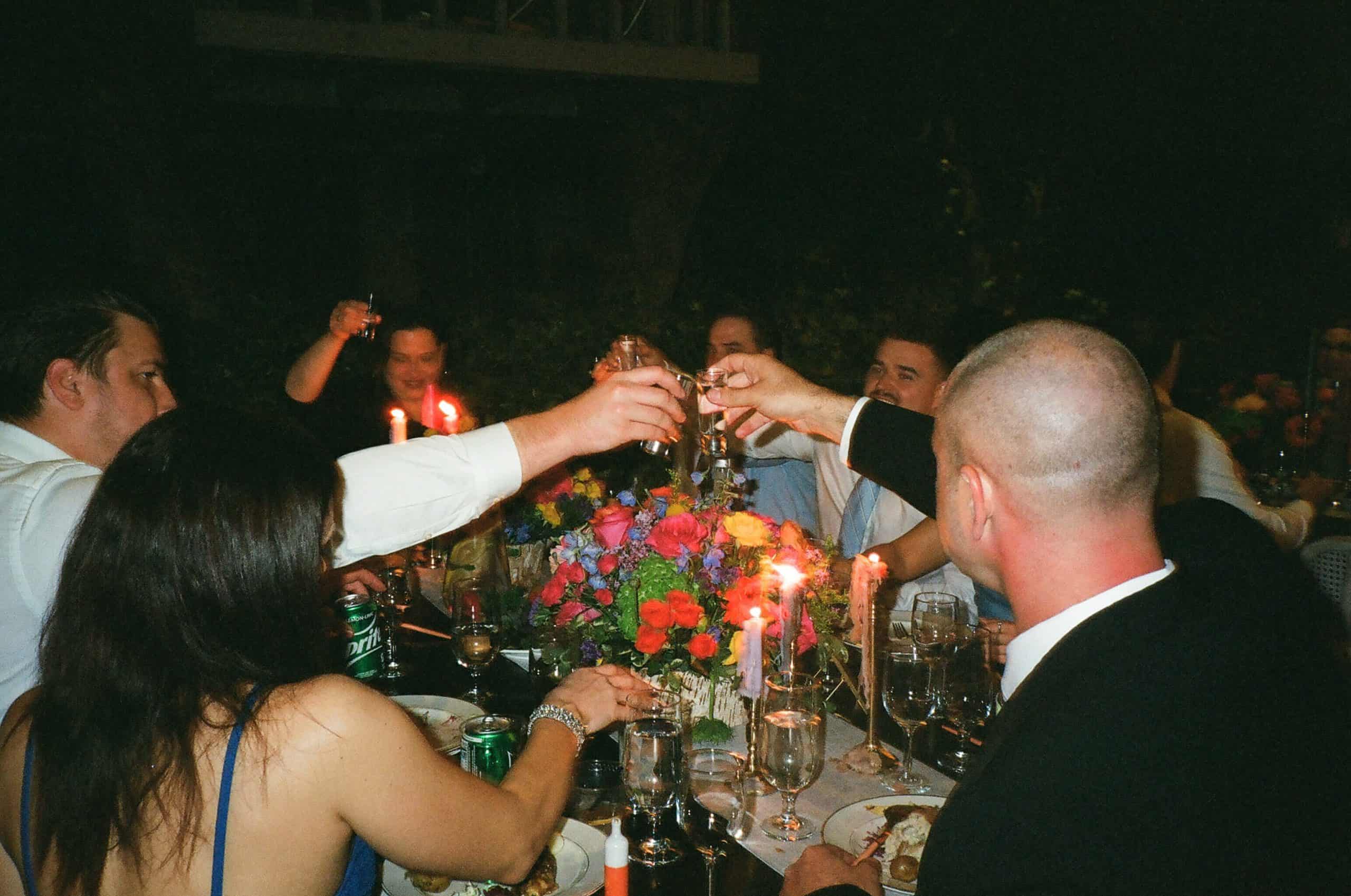 wedding guests on analogue film