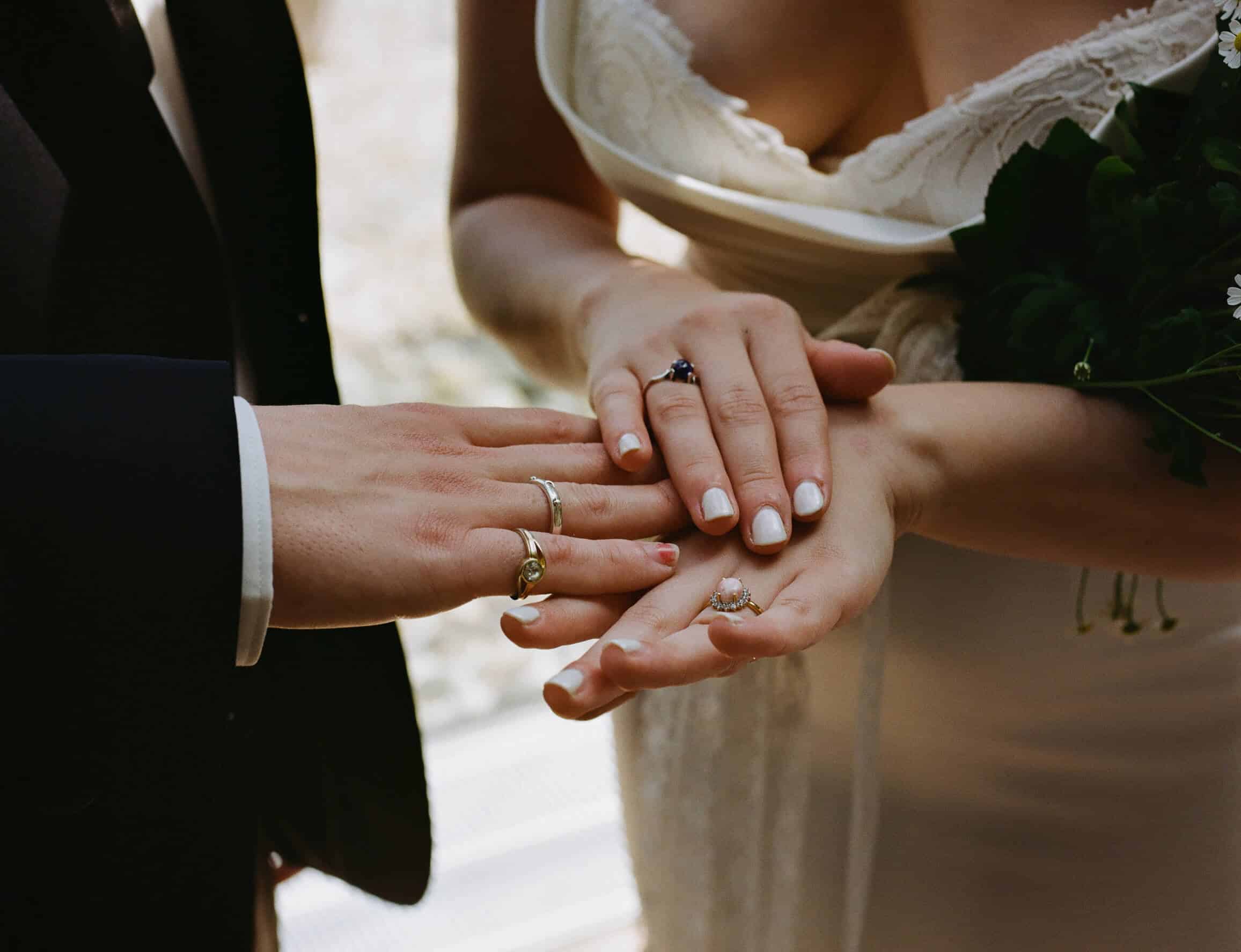 detail of wedding rings on medium format film
