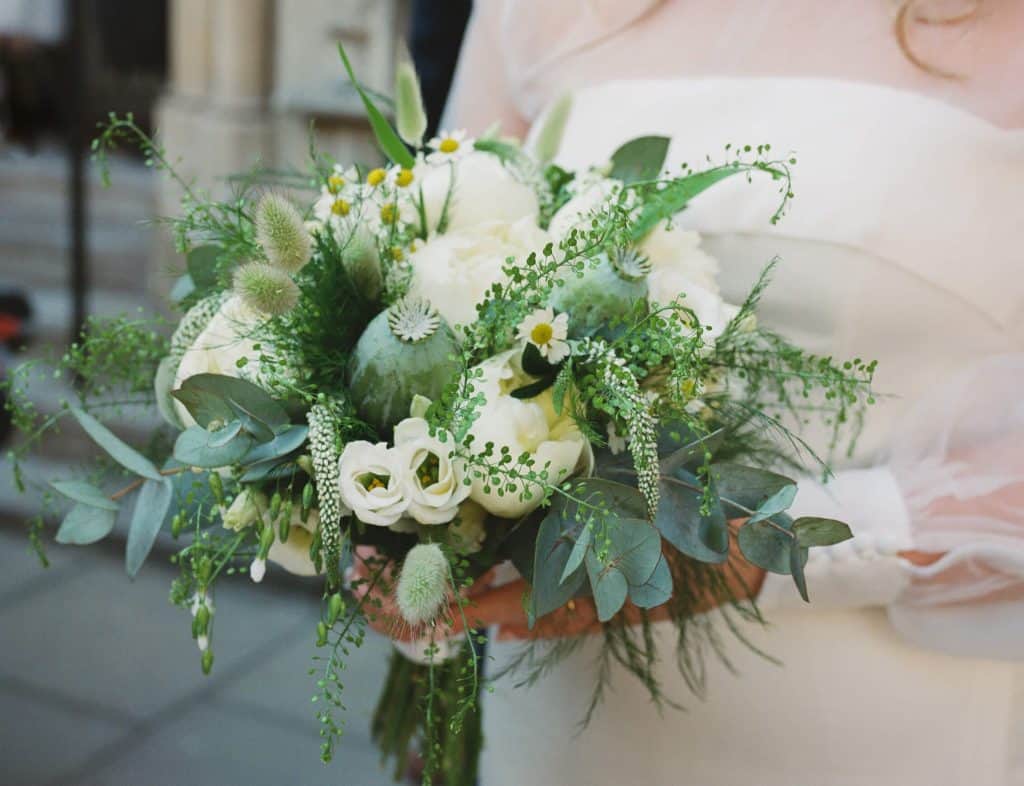 detail of bridal bouquet on 35mm